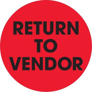 A prominent fluorescent red circle with bold black RETURN TO VENDOR text resembles the eye-catching MH-USA 2 Circle - Return To Vendor Fluorescent Red Labels (500/Roll).