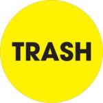 The MH-USA 2 Circle - Trash fluorescent yellow labels feature bold black lettering and come in rolls of 500, ideal for effective waste management labeling.