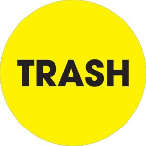 The MH-USA 2 Circle - Trash fluorescent yellow labels feature bold black lettering and come in rolls of 500, ideal for effective waste management labeling.