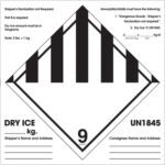 The MH-USA 6 x 6 dry ice shipping label features a black and white diamond design with Dry Ice, UN1845, weight spaces in kg, consignee, and shipper details. It comes in rolls of 500 with Shippers Declaration Not Required.