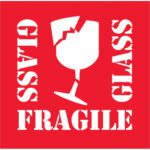 Red sign featuring a white, broken wine glass symbol at its center, with GLASS and FRAGILE in bold stencil-style font, ideal for MH-USA 4 x 4 - Fragile - Glass Labels (500/Roll) to indicate delicate contents needing careful handling.