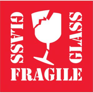 Red sign featuring a white, broken wine glass symbol at its center, with GLASS and FRAGILE in bold stencil-style font, ideal for MH-USA 4 x 4 - Fragile - Glass Labels (500/Roll) to indicate delicate contents needing careful handling.