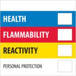 The 4 x 4 MH-USA safety label (500/roll) includes sections for Health (blue), Flammability (red), Reactivity (yellow), and Personal Protection (white) with blank spaces for ratings.