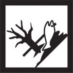 A black fish silhouette and tree branch on a white background are enclosed in an MH-USA 4 x 4 frame, with the diagonal fish and twiggy branch making it ideal for Marine Pollutant Labels (500/Roll).