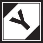 The MH-USA 4 1/4 x 4 1/4 - Y Regulated Labels (500/Roll) feature a bold black Y on a white background with a thick black border, divided into contrasting triangles: one white and one black.