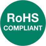 The green circular logo, displaying RoHS COMPLIANT in white, mirrors the MH-USA 1 Circle - RoHS Compliant Green Labels (500/Roll), symbolizing a commitment to RoHS standards with clarity.