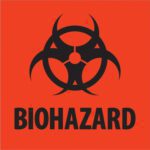 Orange square shows a black biohazard symbol with interlocking circles and bold BIOHAZARD, indicating hazardous materials. Ideal for MH-USA 2 x 2 - Biohazard Fluorescent Red Labels (500/Roll).