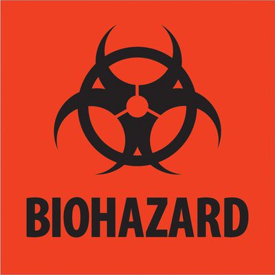 DL1305.jpg Orange square shows a black biohazard symbol with interlocking circles and bold BIOHAZARD, indicating hazardous materials. Ideal for MH-USA 2 x 2 - Biohazard Fluorescent Red Labels (500/Roll).