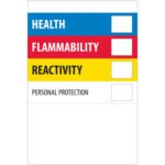 The MH-USA 2 x 3 labels have four categories: Health (blue), Flammability (red), Reactivity (yellow), and Personal Protection (white) with blanks for ratings. These Health Flammability Reactivity labels come in rolls of 500.