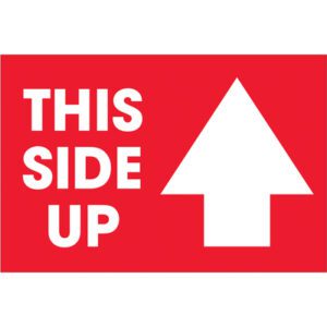 Resembling the MH-USA 2 x 3 - This Side Up Arrow Labels (500/Roll), a red sign with bold white text and an upward arrow ensures items are handled with care during transport.