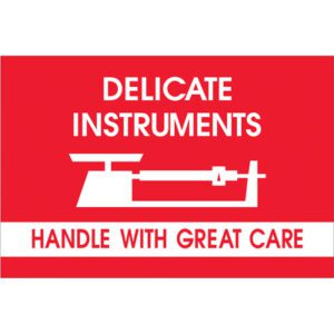 The vibrant red MH-USA 2 x 3 label reads Delicate Instruments Handle with Great Care in bold white over a white scale silhouette, offering optimal protection for fragile instruments.