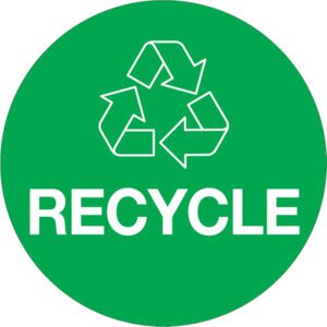 The MH-USA 3 Green Circle Recycle (500/Roll) features a white recycling symbol with three arrows in a triangle and the word RECYCLE in bold white capitals, ideal for eco-friendly labeling.
