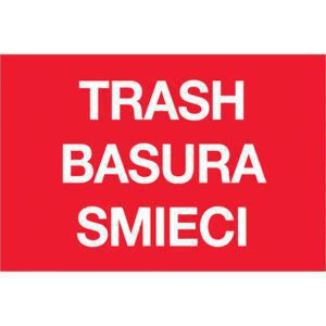 The MH-USA 2 x 3 red rectangle labels boldly display TRASH, BASURA, and SMIECI in white text, with each roll containing 500 labels for organized waste management.