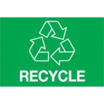 The MH-USA 2 x 3 green rectangle label showcases a white recycling symbol with three arrows forming a triangle and the word RECYCLE in bold white. Sold in rolls of 500, its ideal for promoting sustainability.