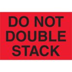 The MH-USA 4 x 6 Do Not Double Stack labels feature bold black text on a fluorescent red background. Sold in rolls of 500, these labels ensure your message stands out.