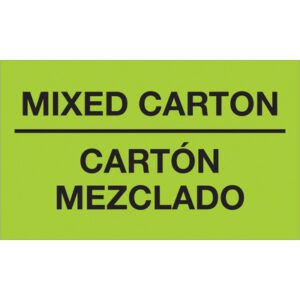The MH-USA 3 x 5 fluorescent green labels feature bilingual text MIXED CARTON - CARTÓN MEZCLADO and are perfect for labeling, available in rolls of 500.