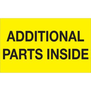 The MH-USA 3 x 5 fluorescent yellow labels, featuring bold black text that reads Additional Parts Inside, ensure no part is missed.