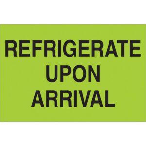 A bright fluorescent green sign stating REFRIGERATE UPON ARRIVAL in bold black letters matches the MH-USA 2 x 3 labels, available in rolls of 500.