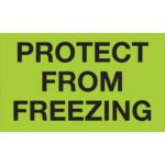 A bright green sign, like the MH-USA 3 x 5 Protect From Freezing Fluorescent Green Labels (500/Roll), features bold black text saying PROTECT FROM FREEZING.