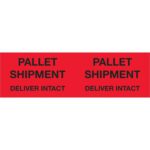Fluorescent red MH-USA 3 x 10 labels with bold black text, Pallet Shipment - Deliver Intact, repeated twice side by side on a roll of 500, ensure your message is clear.