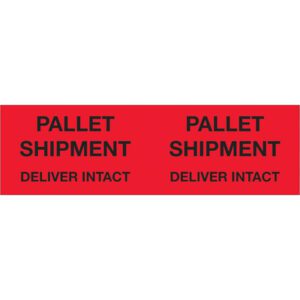 Fluorescent red MH-USA 3 x 10 labels with bold black text, Pallet Shipment - Deliver Intact, repeated twice side by side on a roll of 500, ensure your message is clear.