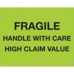 The MH-USA 8 x 10 labels feature fluorescent green with bold black text stating FRAGILE, HANDLE WITH CARE, and HIGH CLAIM VALUE. Packaged as 250 per roll, they ensure your high-value items receive attention.