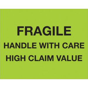 The MH-USA 8 x 10 labels feature fluorescent green with bold black text stating FRAGILE, HANDLE WITH CARE, and HIGH CLAIM VALUE. Packaged as 250 per roll, they ensure your high-value items receive attention.