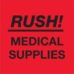 The MH-USA 4 x 4 labels, in fluorescent red with bold black RUSH! MEDICAL SUPPLIES text, clearly mark your urgent needs. (500/roll).