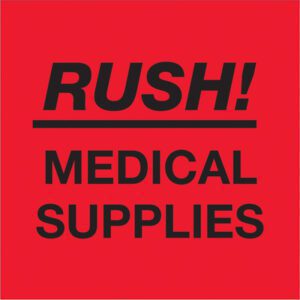 The MH-USA 4 x 4 labels, in fluorescent red with bold black RUSH! MEDICAL SUPPLIES text, clearly mark your urgent needs. (500/roll).