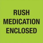 A vivid fluorescent green sign with bold black text reads RUSH MEDICATION ENCLOSED, similar to the MH-USA 4 x 4 Rush - Medication Enclosed (Fluorescent Green) Labels.