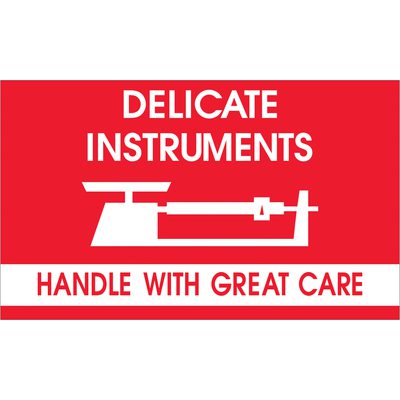 DL1340.jpg A red and white sign, like the MH-USA 3 x 5 labels (500/Roll), shows a balance scale graphic. It reads DELICATE INSTRUMENTS above and HANDLE WITH GREAT CARE below.