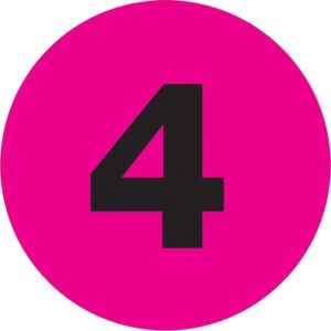 The MH-USA 3 Circle - 4 (Fluorescent Pink) Number Labels are displayed on a vivid pink circular background with a bold black number 4, and come in rolls of 500, providing vibrant organization.