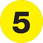A bold black number 5 is centered on a vibrant yellow circular background, reminiscent of MH-USAs 3 Circle - 5 (Fluorescent Yellow) Number Labels.