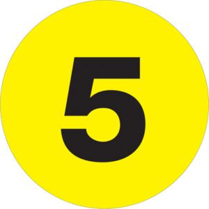 A bold black number 5 is centered on a vibrant yellow circular background, reminiscent of MH-USAs 3 Circle - 5 (Fluorescent Yellow) Number Labels.
