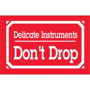 The MH-USA 3 x 5 labels stating Delicate Instruments - Dont Drop come in sets of 500 per roll, featuring a red sign with a white border and text, essential for safeguarding fragile items by clearly communicating crucial handling instructions.