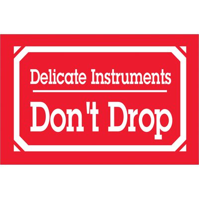 DL1350.jpg The MH-USA 3 x 5 labels stating Delicate Instruments - Dont Drop come in sets of 500 per roll, featuring a red sign with a white border and text, essential for safeguarding fragile items by clearly communicating crucial handling instructions.