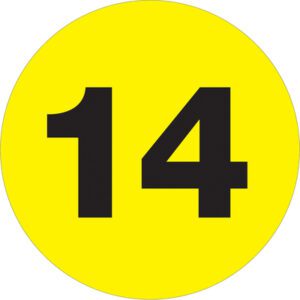 A bold black 14 is displayed on the vibrant MH-USA 3 Circle Fluorescent Yellow Number Label (500/Roll).
