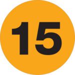 A vibrant yellow circle with a bold black 15 resembles the eye-catching MH-USA 3 Circle - 15 (Fluorescent Orange) Number Labels (500/Roll), ideal for organization.