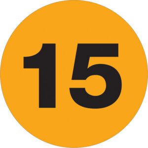 A vibrant yellow circle with a bold black 15 resembles the eye-catching MH-USA 3 Circle - 15 (Fluorescent Orange) Number Labels (500/Roll), ideal for organization.