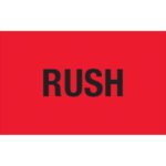 The MH-USA 1 1/4 x 2 fluorescent red rectangle labels boldly display RUSH in large black capital letters, echoing their sought-after rolls of 500 labels.