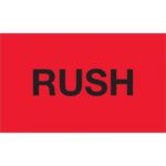 A bold red rectangle with the word RUSH in large black letters, similar to MH-USA 3 x 5 - Rush Fluorescent Red Labels (500/Roll).