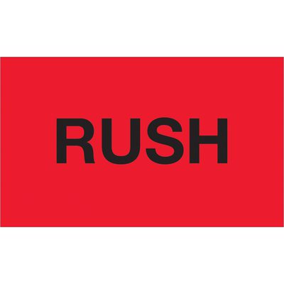 DL1368.jpg A bold red rectangle with the word RUSH in large black letters, similar to MH-USA 3 x 5 - Rush Fluorescent Red Labels (500/Roll).