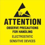 The MH-USA 2 x 2 fluorescent yellow label showcases a triangle with a line through a hand touching a surface and reads: Attention - Observe Precautions for Handling Electrostatic Sensitive Devices. Available in rolls of 500.