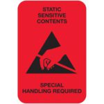 The MH-USA 2 x 3 fluorescent red label shows a hand touching a line inside a triangle, with the text STATIC SENSITIVE CONTENTS above and SPECIAL HANDLING REQUIRED below. Each roll contains 500 caution labels.