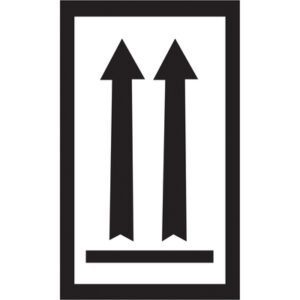 Depicting two black arrows pointing upward, this MH-USA 3 x 5 label features a horizontal line beneath them inside a rectangular border on a white background, resembling Arrow Labels (500/Roll) with Two Black Arrows Over Black Bar.