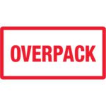 The MH-USA 3 x 6 Overpack Labels (500/Roll) feature red bold OVERPACK text centered in a thick red rectangular border on a white background, providing ample supply for packaging needs.