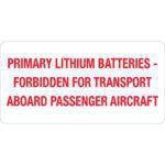 The MH-USA 2 x 4 labels (500/roll) feature a red-text-on-white sign warning, Primary Lithium Batteries - Forbidden for Transport Aboard Passenger Aircraft.