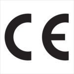 The CE logo on a white background signifies compliance with European regulations and is prominently featured on MH-USA 1 x 1 - C E Regulated Labels, available in rolls of 500 for convenient application.