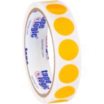 A roll of adhesive labels showcases vibrant yellow circles on a white background, with tape logic in blue and red branding. Its akin to the MH-USA 3/4 Circles - Fluorescent Orange Removable Labels (500/Roll) for its unique presentation.