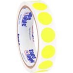 A partially unwound roll of MH-USA 3/4 Circles - Fluorescent Yellow Removable Labels (500/Roll) reveals evenly spaced yellow dots on a white background, perfect for highlighting key areas.